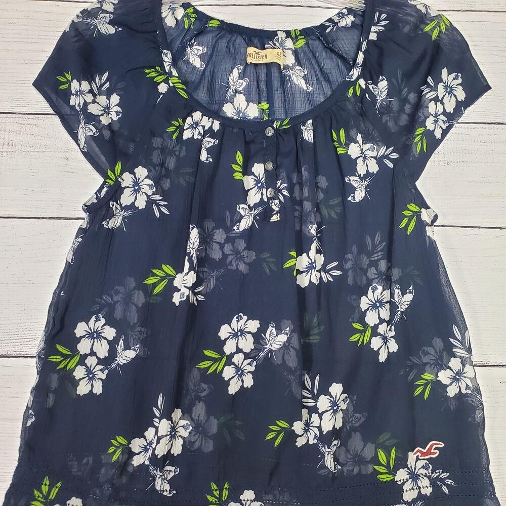 Hollister Navy Floral Sheer Boho Top XS